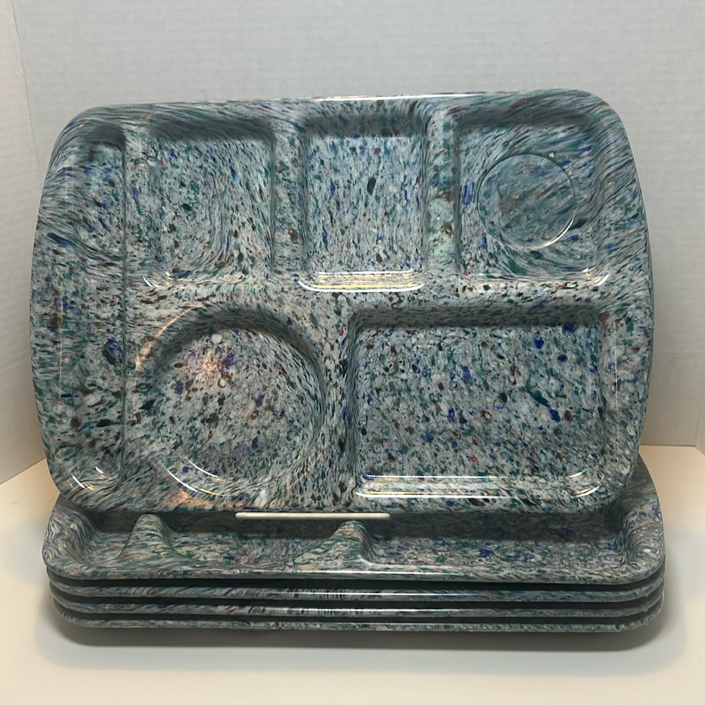 (5) Vintage PROLON WARE Melamine Food Trays School Cafeteria Lunch Blue Green